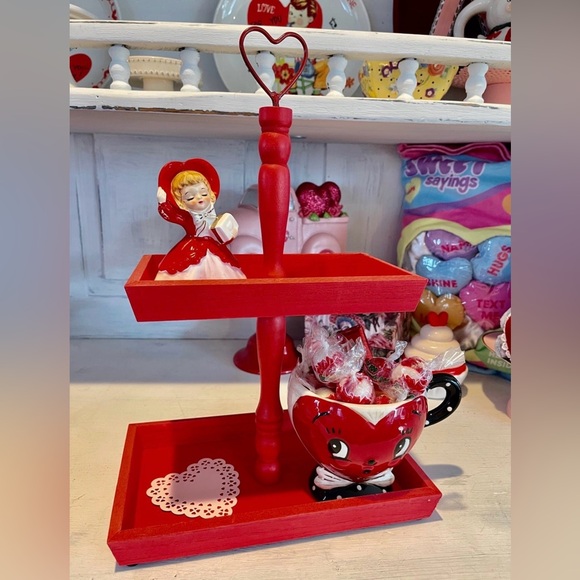 Valentines Day Small Red Heart Wood Tier Tray Decor display shabby chic coquette - Picture 3 of 5